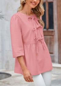 Babydoll Trendy 3/4 Length Puff Sleeve Bow Tie Front Cute Peplum Blouses