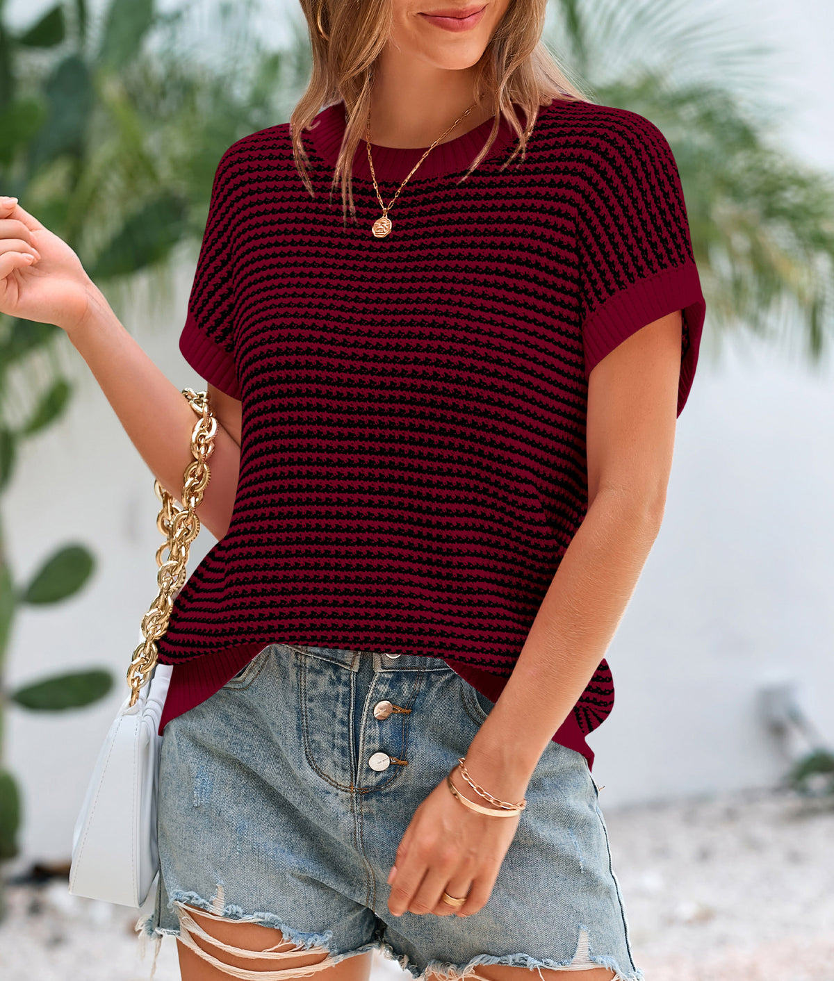 Short Sleeve Round Neck Striped Pullover Cap Sleeve Knit T-shirt