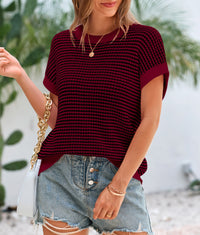 Short Sleeve Round Neck Striped Pullover Cap Sleeve Knit T-shirt