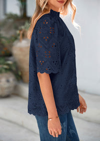 Short Sleeve Eyelet Embroidered Dressy Casual Blouse