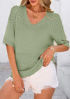 PRETTYGARDEN Women's Short Sleeve Sweater Tops Spring Summer Casual V Neck Ribbed Knit Trendy Eyelet Blouse T Shirts