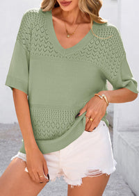 Short Sleeved Casual V-Neck Knitted Small Eye Shirt