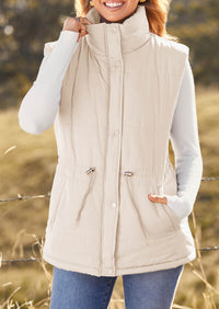 Casual Button Zipper Vest, Drawstring Sleeveless Jacket