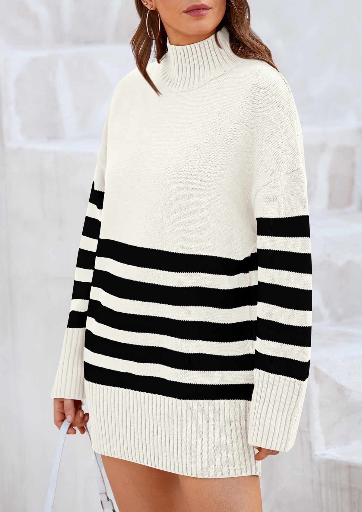 Striped Turtleneck Long Sleeve Loose Fit Chunky Knit Casual Mini Sweater Dresses