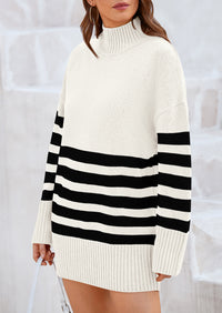 Striped Turtleneck Long Sleeve Loose Fit Chunky Knit Casual Mini Sweater Dresses