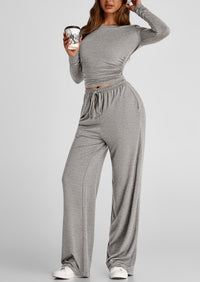 Long Sleeve Crop Tee Wide Leg Pants Two Piece Sets