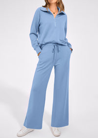 Flip Collar Half Zip Top And Wide Leg Pants Casual Two-Piece Set