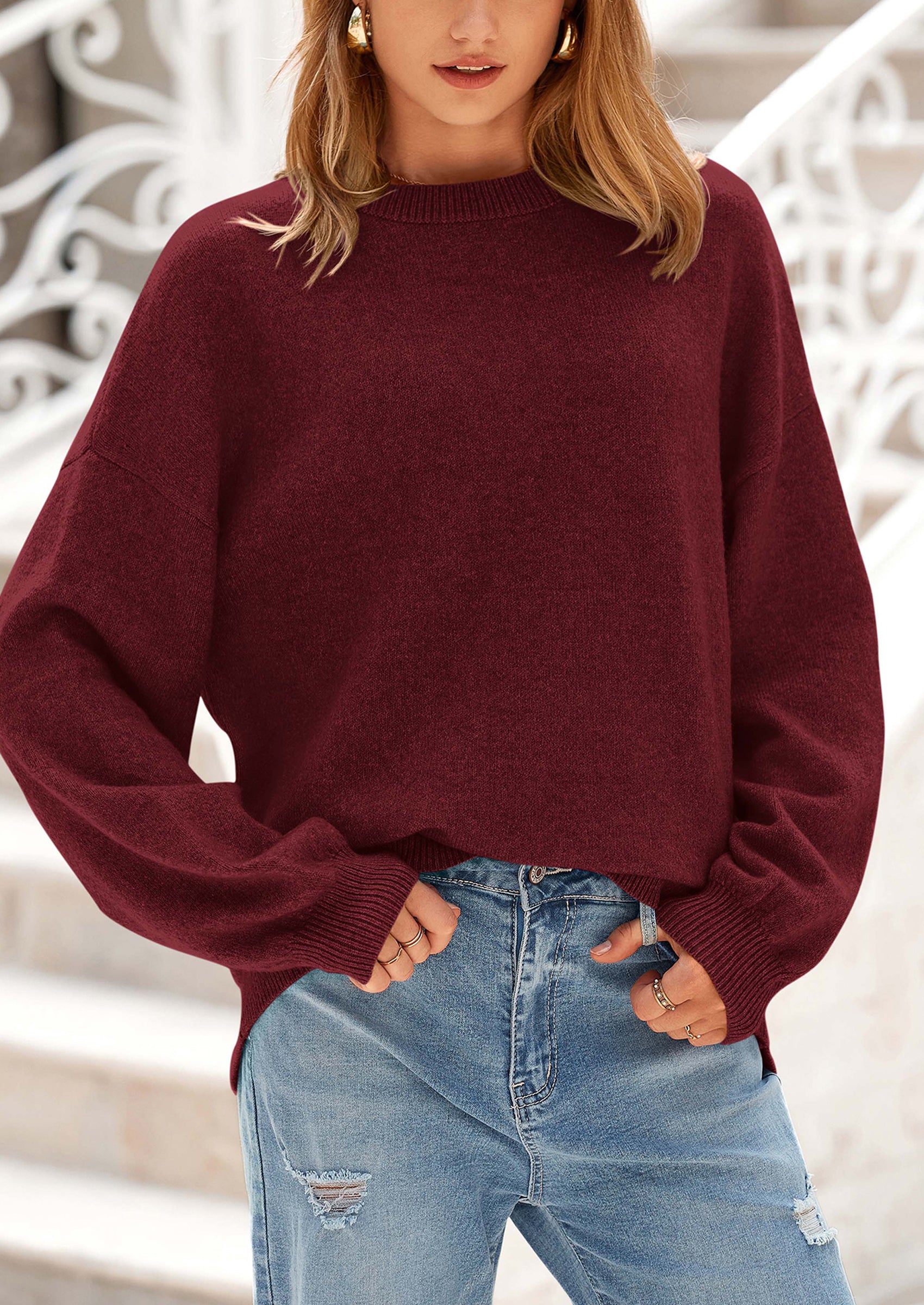Casual Crew Neck Long Sleeve Pullover Ribbed Knit Loose Fit Sweaters