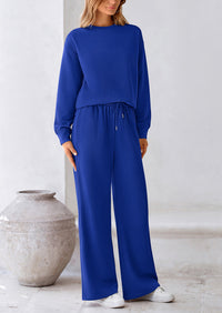 Casual Long Sleeve Pullover Tops and Wide Leg Pants Knitted Two Piece Sets