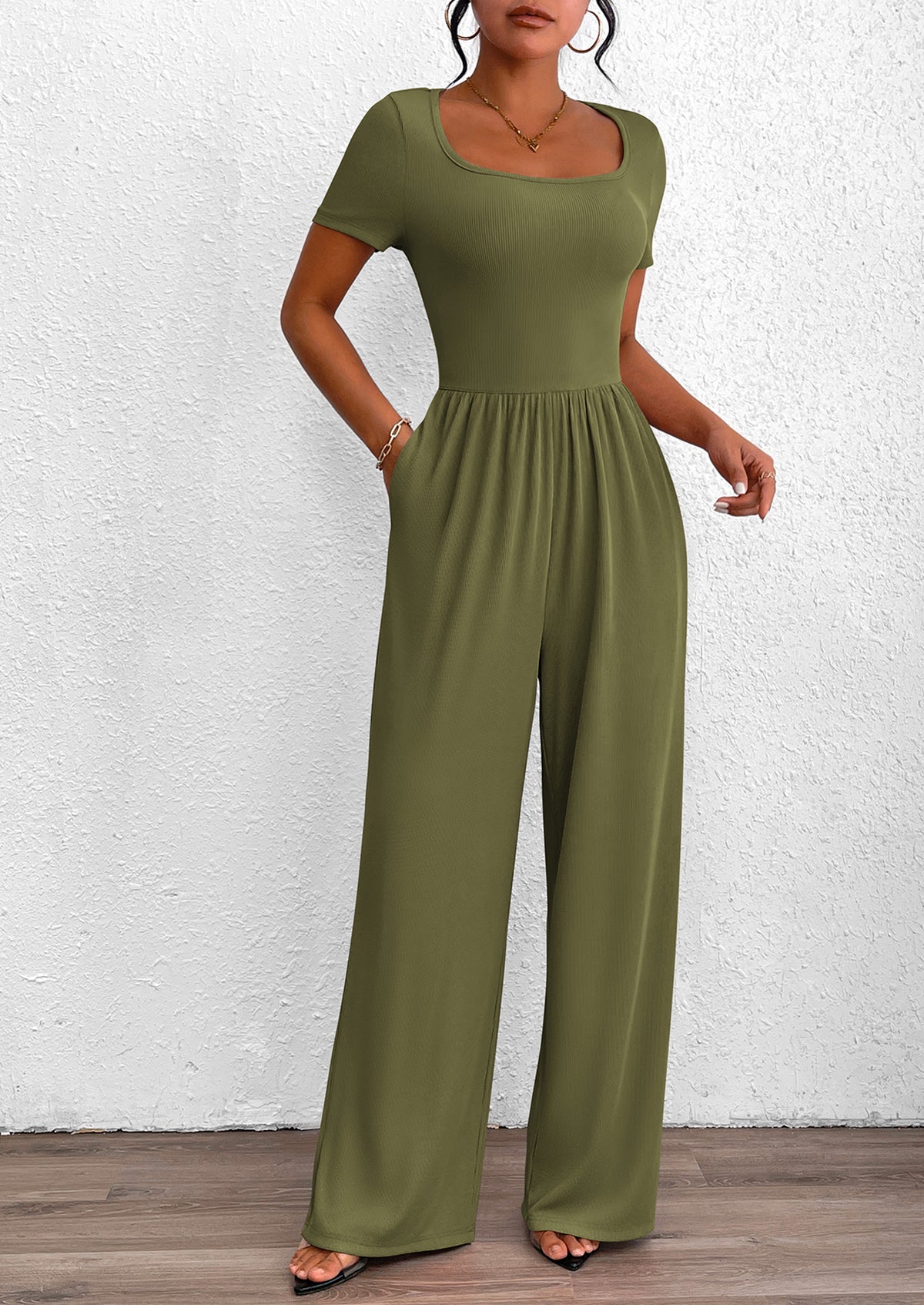 Casual Short Sleeve Square Neck Wide Leg Jumpsuits