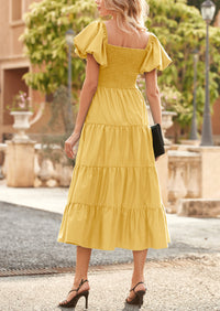 Casual Short Sleeved Square Neck Layered Pleated Dress