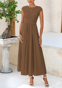 Casual Cap Sleeve Patchwork A Line Flowy Elegant Homecoming Maxi Dress