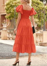 Casual Short Sleeved Square Neck Layered Pleated Dress