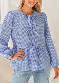 Babydoll Peplum Puff Long Sleeve Bow Tie Front Cute Y2K Blouses