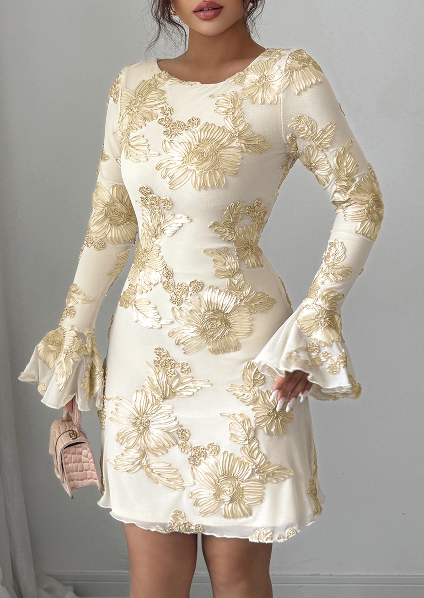 PRETTYGARDEN Women's Floral Embroidered Dress Fall Long Bell Sleeve Ribbon Flower Mini Short Mesh Bodycon Party Dresses