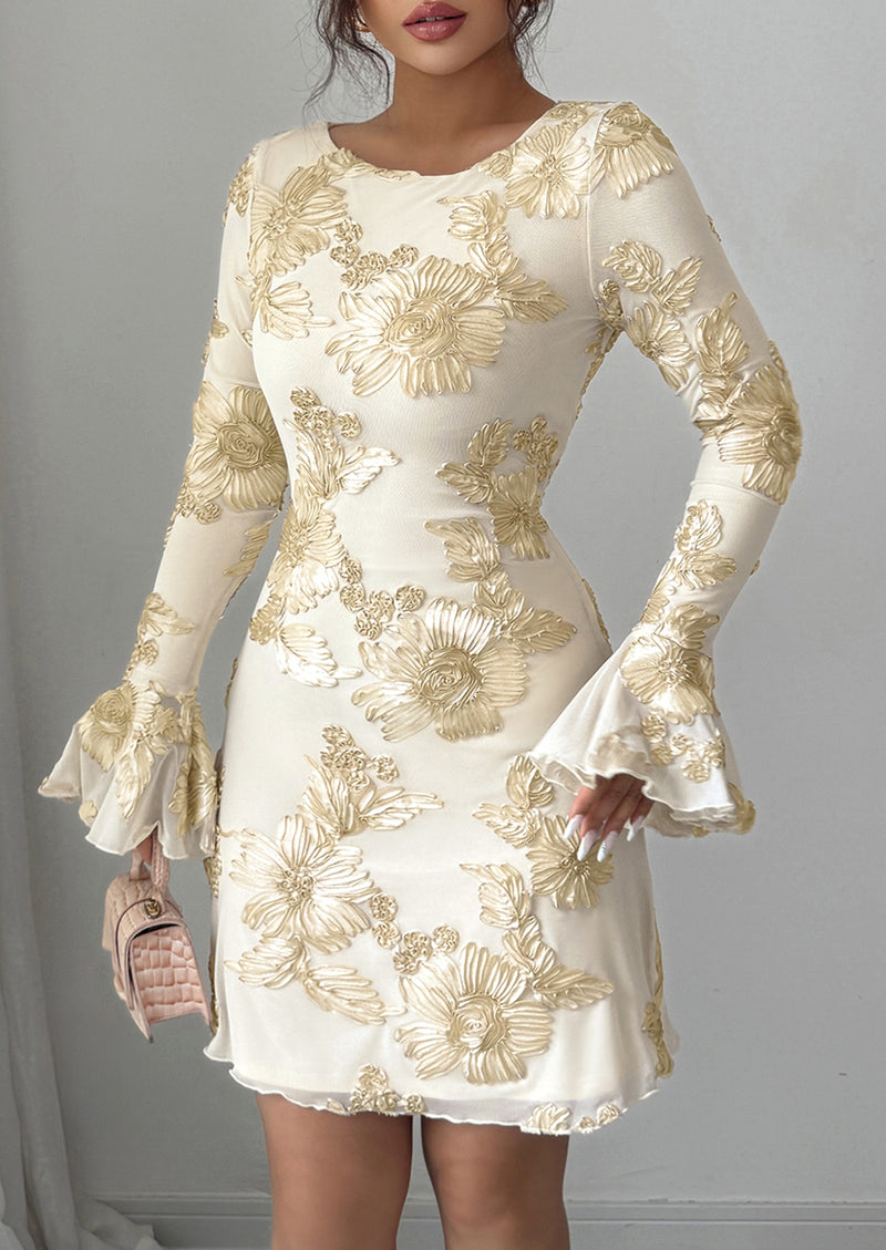 PRETTYGARDEN Women's Floral Embroidered Dress Fall Long Bell Sleeve Ribbon Flower Mini Short Mesh Bodycon Party Dresses
