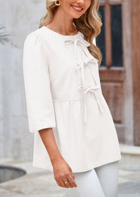 Babydoll Trendy 3/4 Length Puff Sleeve Bow Tie Front Cute Peplum Blouses