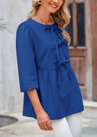 Babydoll Trendy 3/4 Length Puff Sleeve Bow Tie Front Cute Peplum Blouses