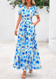 Boho Floral Short Sleeve V Neck A Line Tiered Ruffle Flowy Long Beach Vacation Maxi Dresses