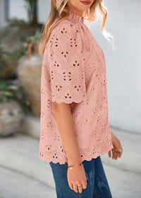 Short Sleeve Eyelet Embroidered Dressy Casual Blouse