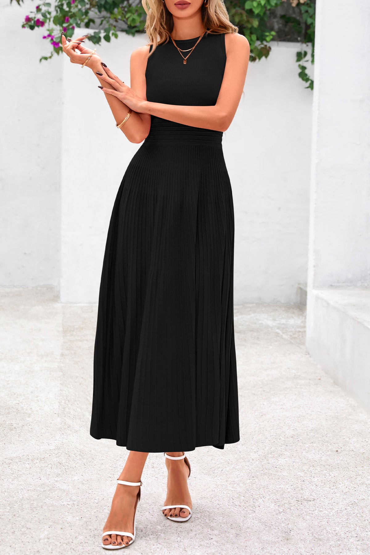 Sleeveless Crew Neck Knit A Line Pleated Swing Wedding Guest Casual Midi Dresses