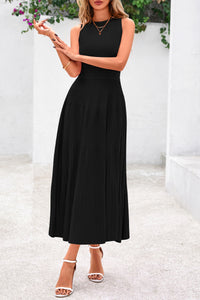 Sleeveless Crew Neck Knit A Line Pleated Swing Wedding Guest Casual Midi Dresses