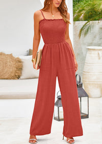Linen Smocked Spaghetti Strap Pockets Wide Leg Jumpsuits