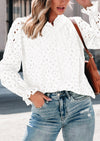 Puff Long Sleeve Button V Neck Hollow Out Lace Embroidered Casual Pullover Blouses