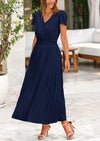 PRETTYGARDEN Women's Short Sleeve Button V Neck Casual Pleated Maxi Dresses