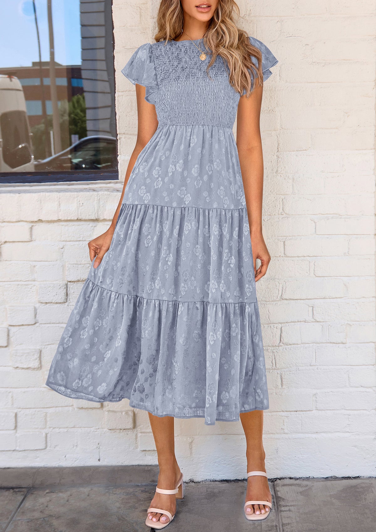 Floral  Summer Cap Sleeve Smocked Ruffle A Line Long Flowy Wedding Guest Midi Dresses