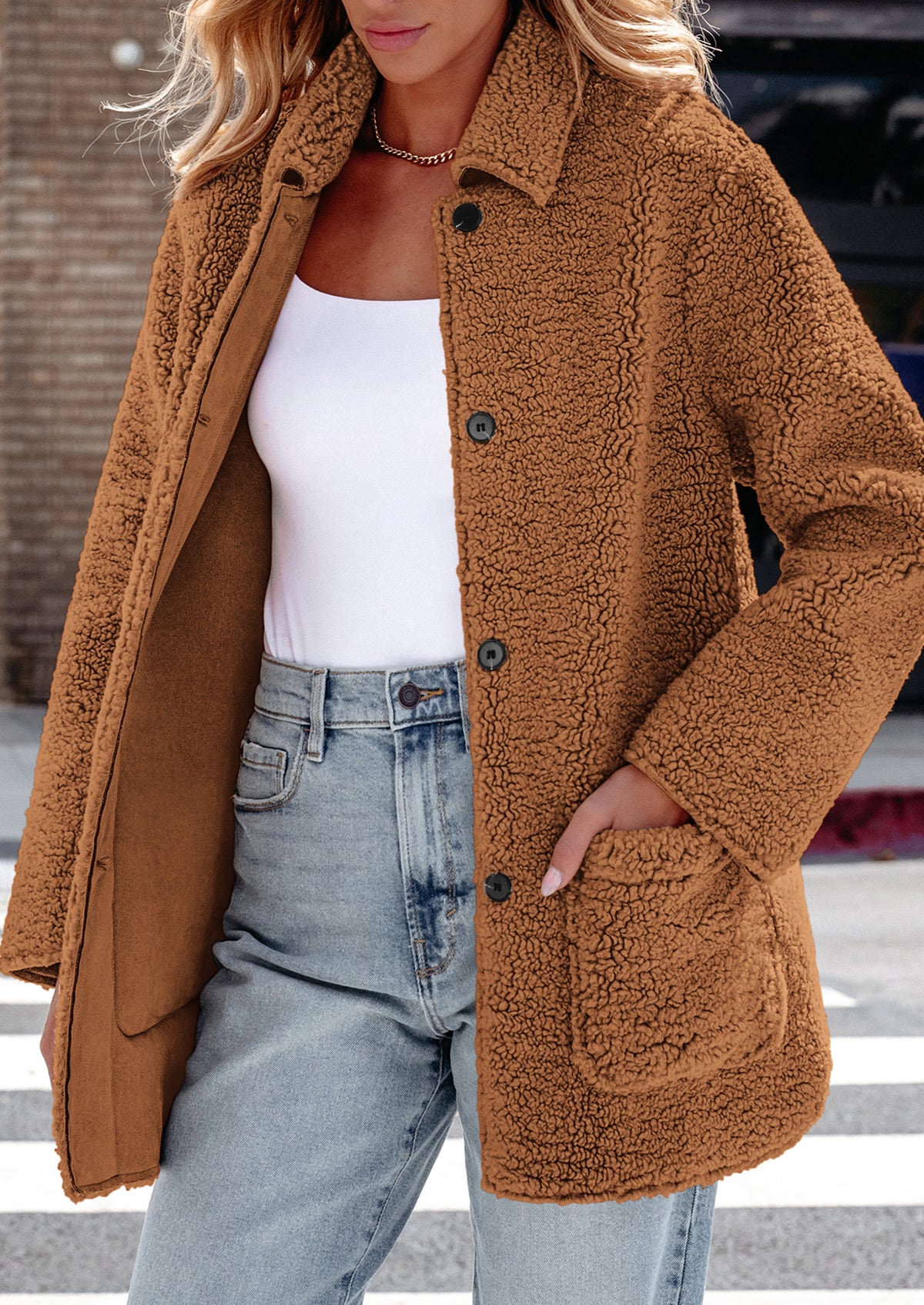 Long Sleeve Lapel Button Down Pockets Fleece Faux Fur Coats