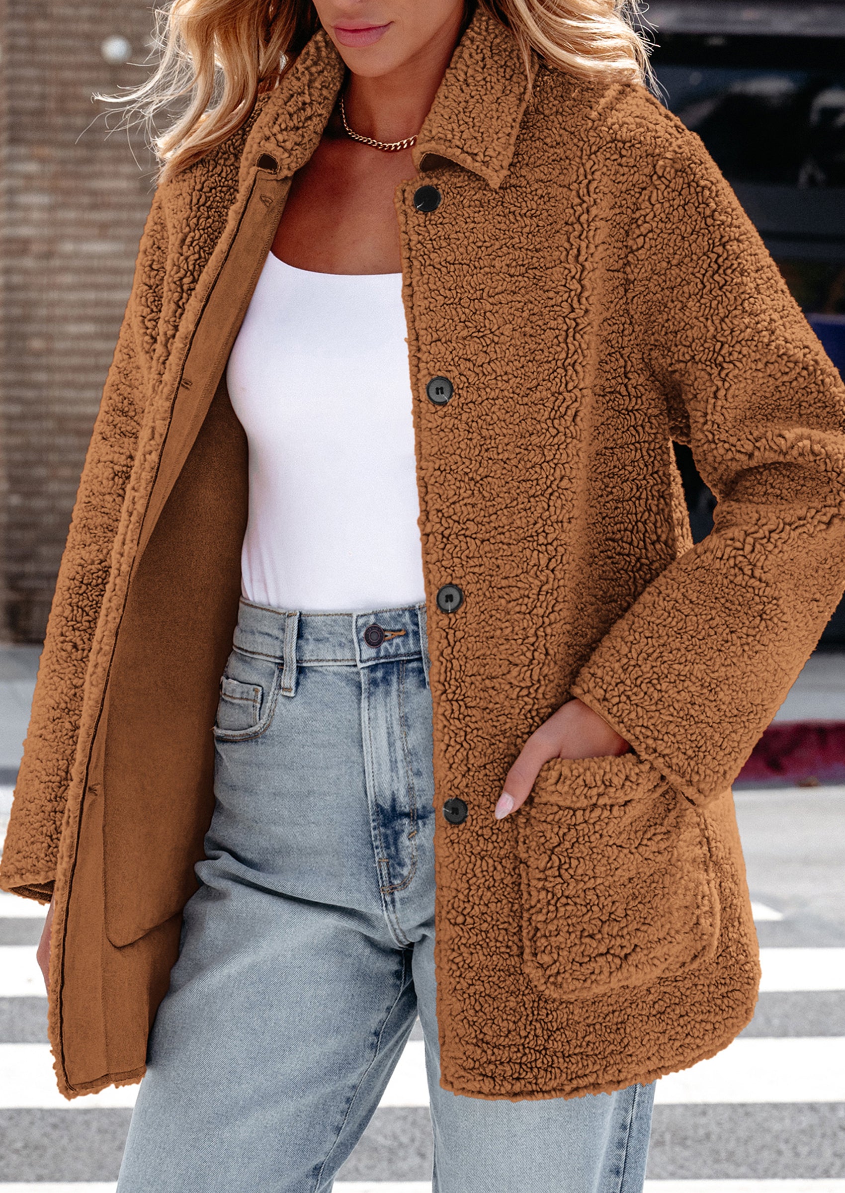 PRETTYGARDEN Women's Winter Faux Fur Coats Long Sleeve Lapel Button Down Pockets Fleece Sherpa Jacket Casual Trendy Outerwear