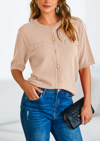 Button Down Casual Short Sleeve Crew Neck Ribbed Knit Shirts