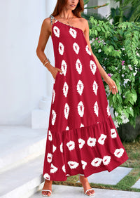One Shoulder Spaghetti Strap Printed A Line Flowy Boho Maxi Long Sundress