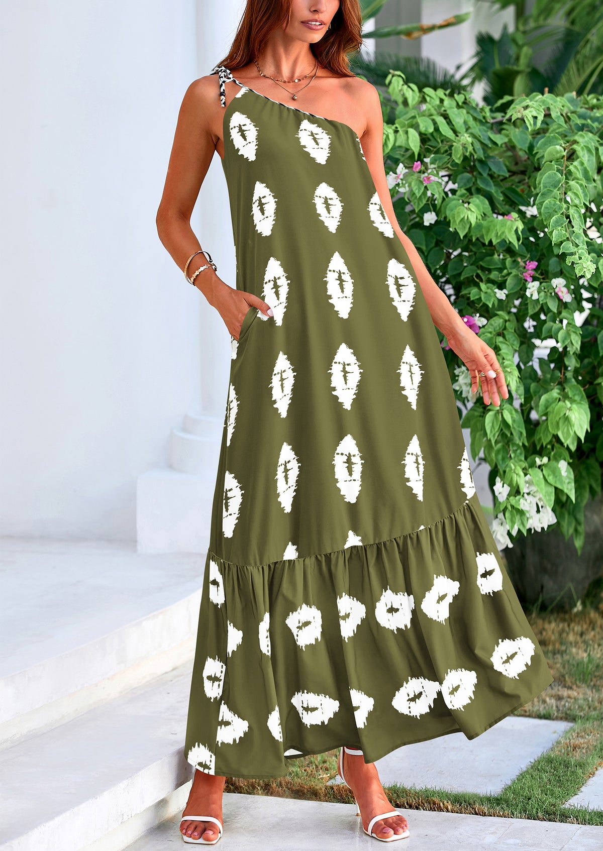 One Shoulder Spaghetti Strap Printed A Line Flowy Boho Maxi Long Sundress