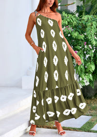 One Shoulder Spaghetti Strap Printed A Line Flowy Boho Maxi Long Sundress