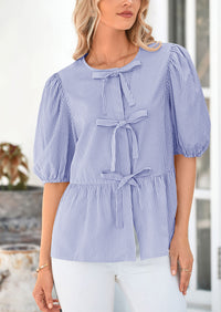 Striped Round Neck Front, Lace Up Bubble Sleeves Tops