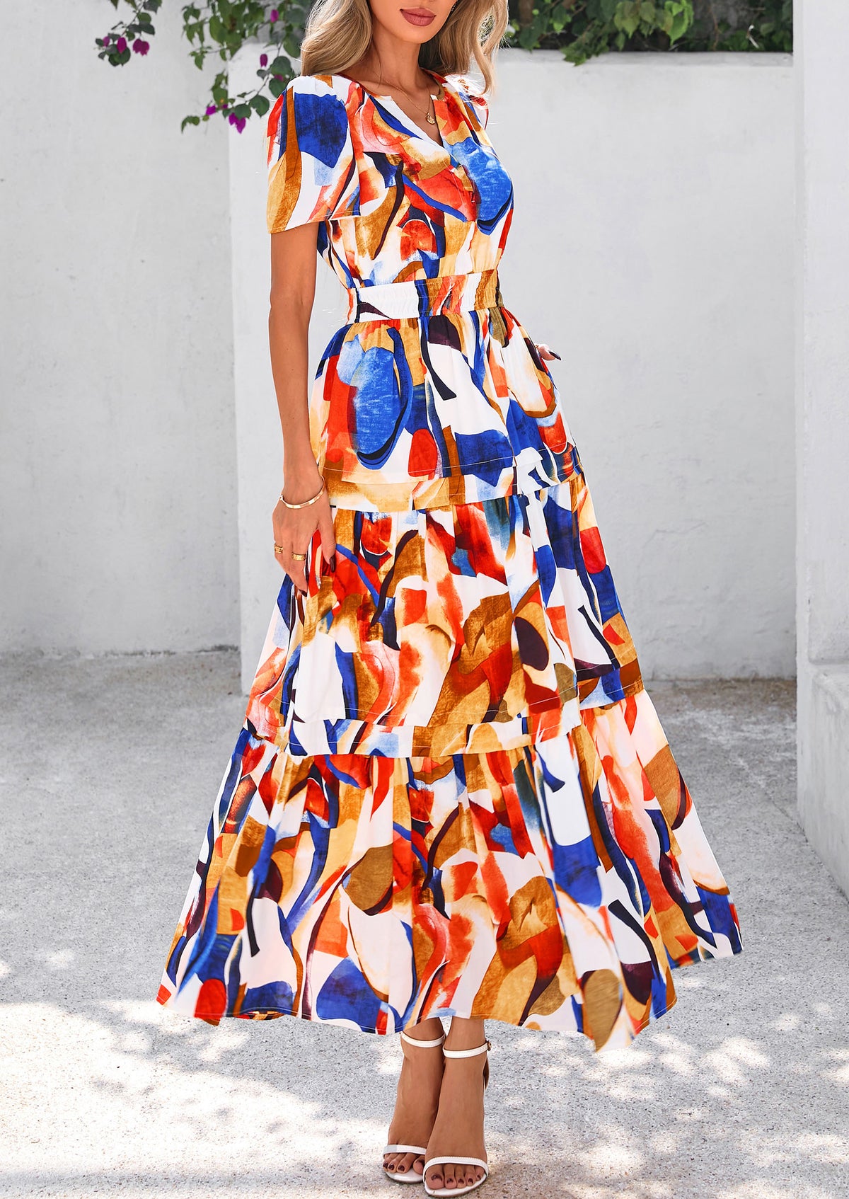 Boho Floral Short Sleeve V Neck A Line Tiered Ruffle Flowy Long Beach Vacation Maxi Dresses