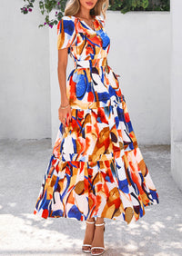 Boho Floral Short Sleeve V Neck A Line Tiered Ruffle Flowy Long Beach Vacation Maxi Dresses