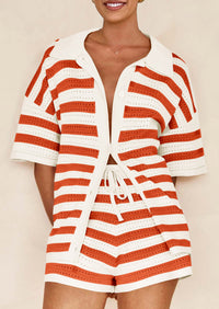 Casual Short Sleeve Striped Beach Vacation 2 Piece Shorts Sets