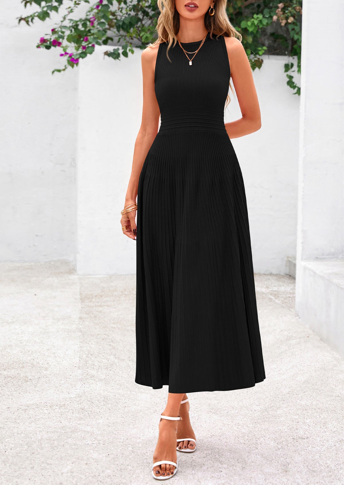 Sleeveless Crew Neck Knit A Line Pleated Swing Wedding Guest Casual Midi Dresses