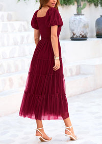 Smocked Tulle Puffy Short Sleeve Square Neck Ruffle Midi Dresses
