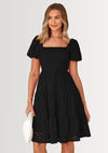 PRETTYGARDEN Womens Summer Puff Sleeve Mini Dress Off Shoulder Eyelet Smocked A Line Casual Babydoll Short Dresses