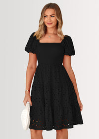 PRETTYGARDEN Womens Summer Puff Sleeve Mini Dress Off Shoulder Eyelet Smocked A Line Casual Babydoll Short Dresses