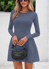 PRETTYGARDEN Long Sleeve Mini Dress for Women Fall Crewneck Knit Pleated Babydoll A Line Soft Casual Short Party Dresses