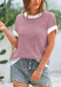 Short Sleeve Round Neck Striped Pullover Cap Sleeve Knit T-shirt