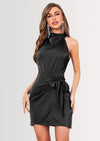 PRETTYGARDEN Women's Short Formal Satin Dress Summer Sleeveless Mock Neck Tie Waist Cocktail Party Dresses