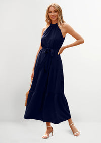 PRETTYGARDEN Women's Summer Floral Maxi Sun Dress Sleeveless Halter Neck Flowy Ruffle Hem Long Boho Dresses with Belt
