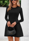 PRETTYGARDEN Long Sleeve Mini Dress for Women Fall Crewneck Knit Pleated Babydoll A Line Soft Casual Short Party Dresses