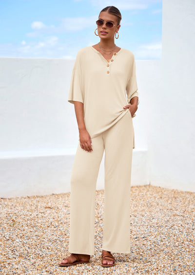 PRETTYGARDEN Women's 2 Piece Outfits Summer Casual V Neck Short Sleeve Tops Wide Leg Pants Matching Lounge Sets